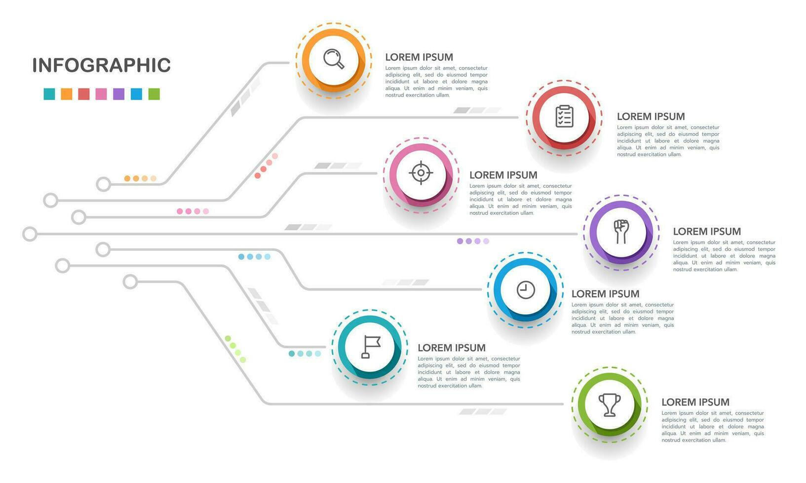 Siete opciones infografía digital línea modelo. negocio presentación. datos, información, tecnología. vector ilustración.