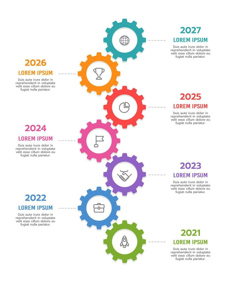 Infographic timeline 7 gears template. Roadmap, Milestone, Cog. Vector illustration.