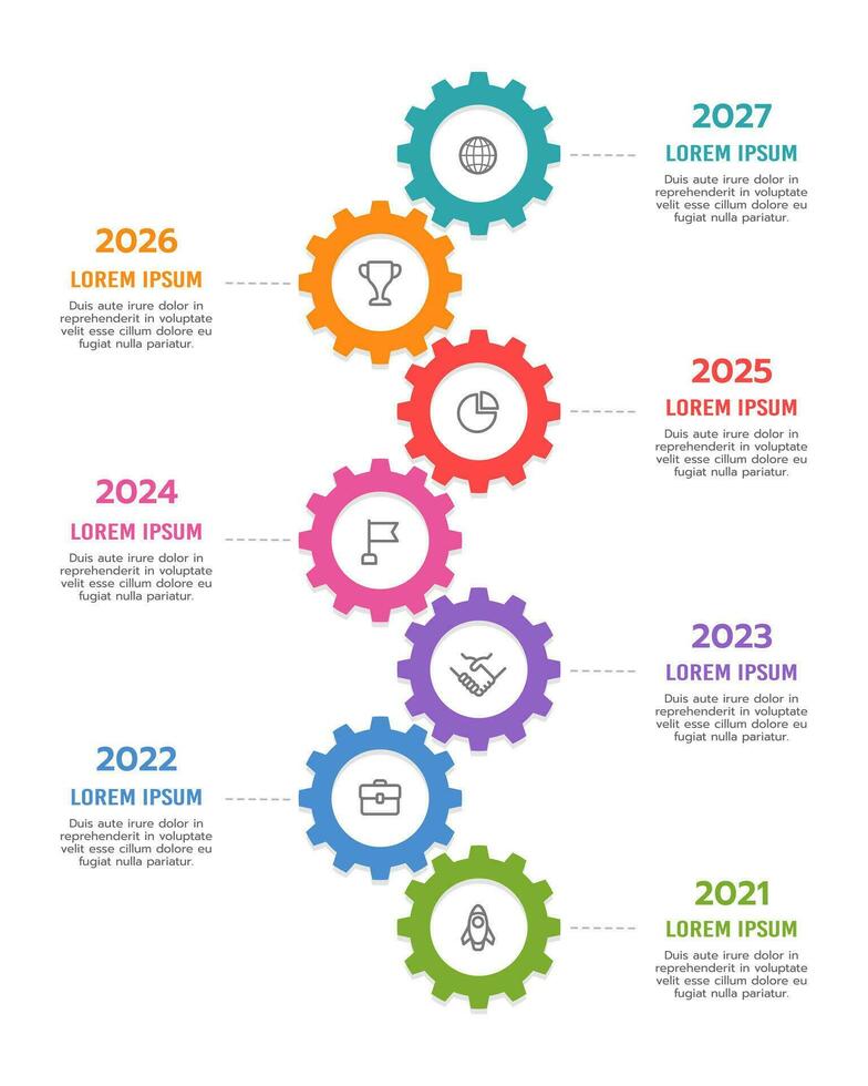infografía cronograma 7 7 engranajes modelo. mapa vial, hito, diente. vector ilustración.