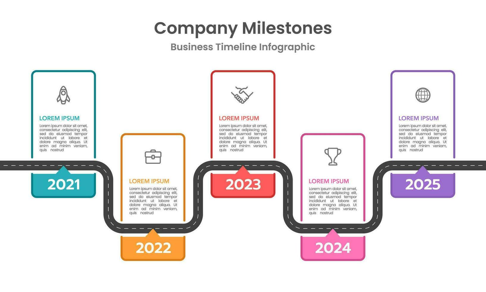 Business timeline workflow infographics. Company milestone. Company presentation. Road map, Report. Vector illustration.