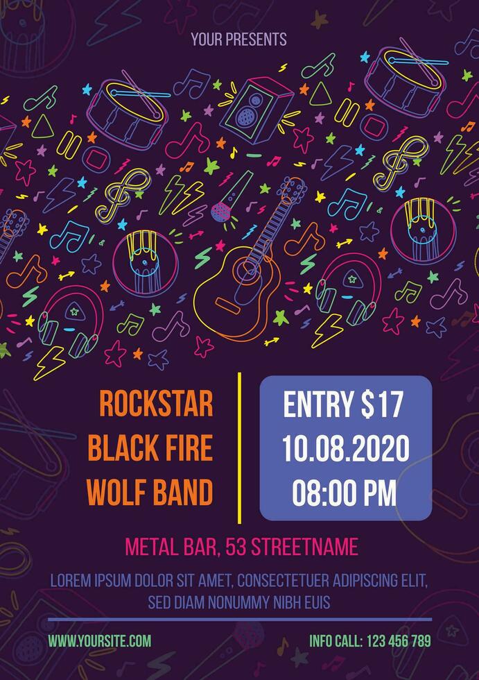 Musical instrumental concert poster with rock and classic musical instruments. Template for printing, announcement poster for inviting guests to celebration of holiday, live carnival. Vector