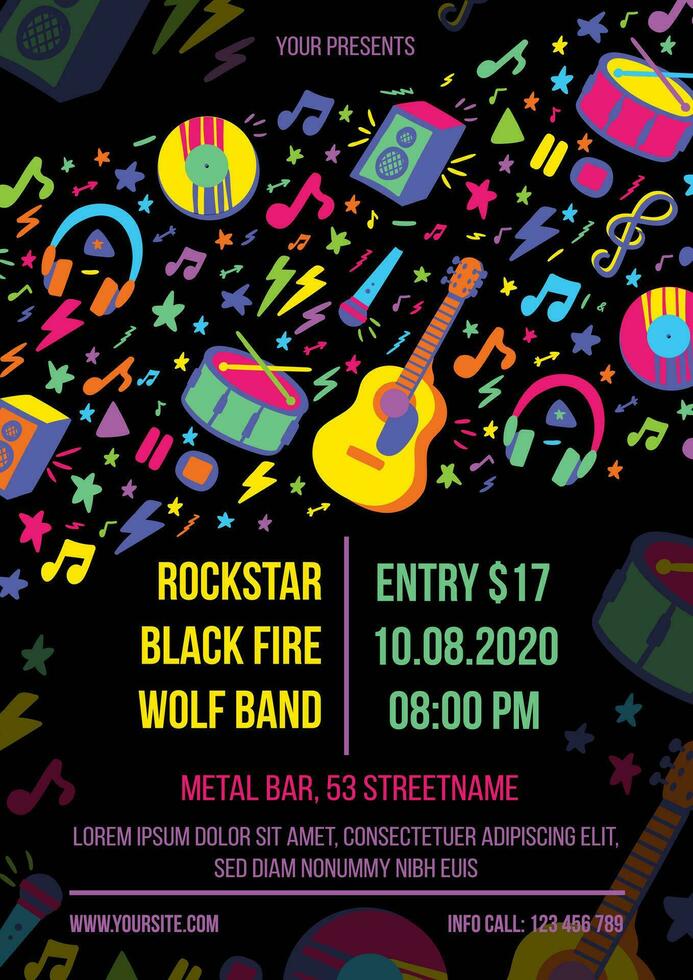 Musical instrumental concert poster with rock and classic musical instruments. Template for printing, announcement poster for inviting guests to celebration of holiday, live carnival. Vector