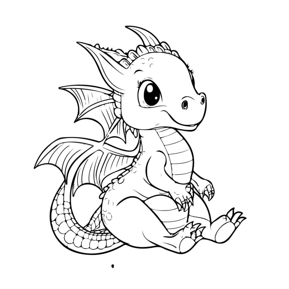 Hand drawing print education art character animal cute dragon outline black and white toy cartoon sketch happy coloring page and coloring books vector