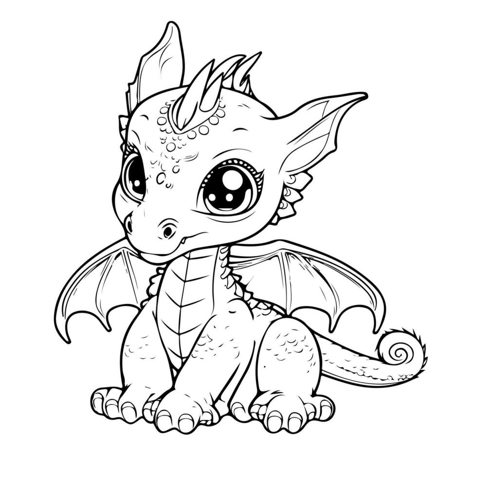 Hand drawing character animal cute dragon outline black and white cartoon sketch happy coloring page and coloring books vector