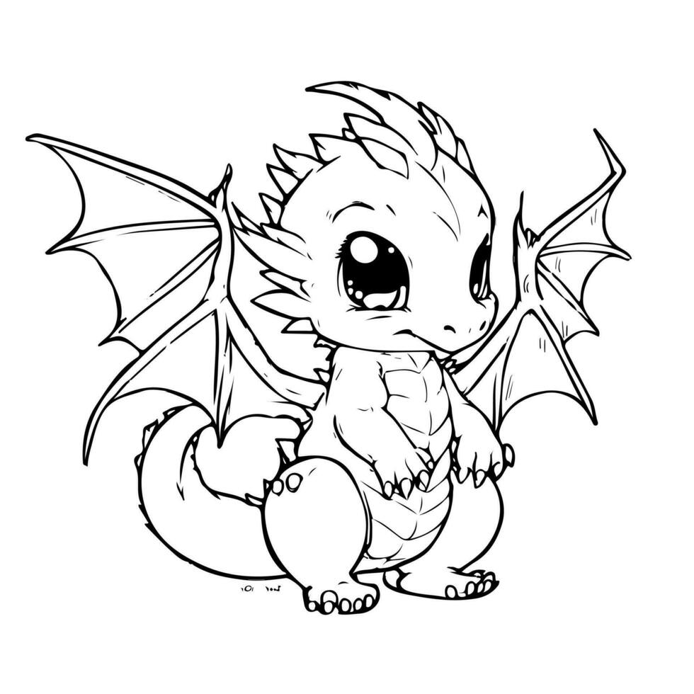 Hand drawing print education art character animal cute dragon outline black and white toy cartoon sketch happy coloring page and coloring books vector