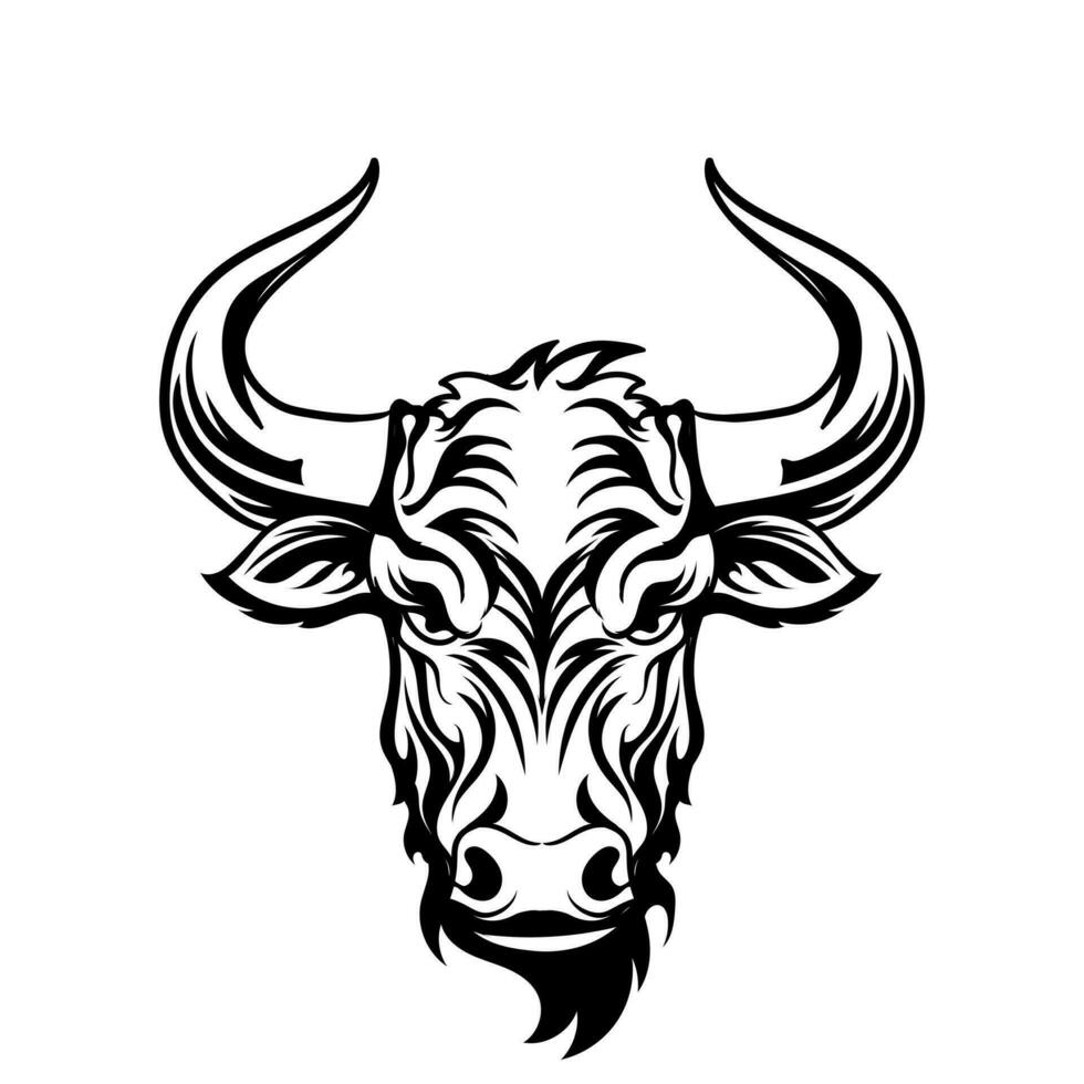 Angry head face mascot of bull design of aggressive buffalo portrait. black white line art vector illustration