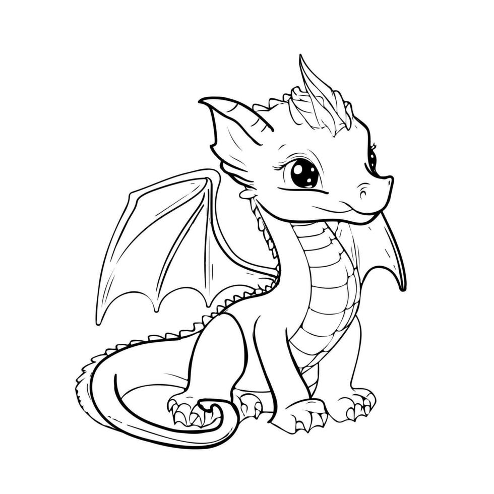 Hand drawing print education art character animal cute dragon outline black and white toy cartoon sketch happy coloring page and coloring books vector