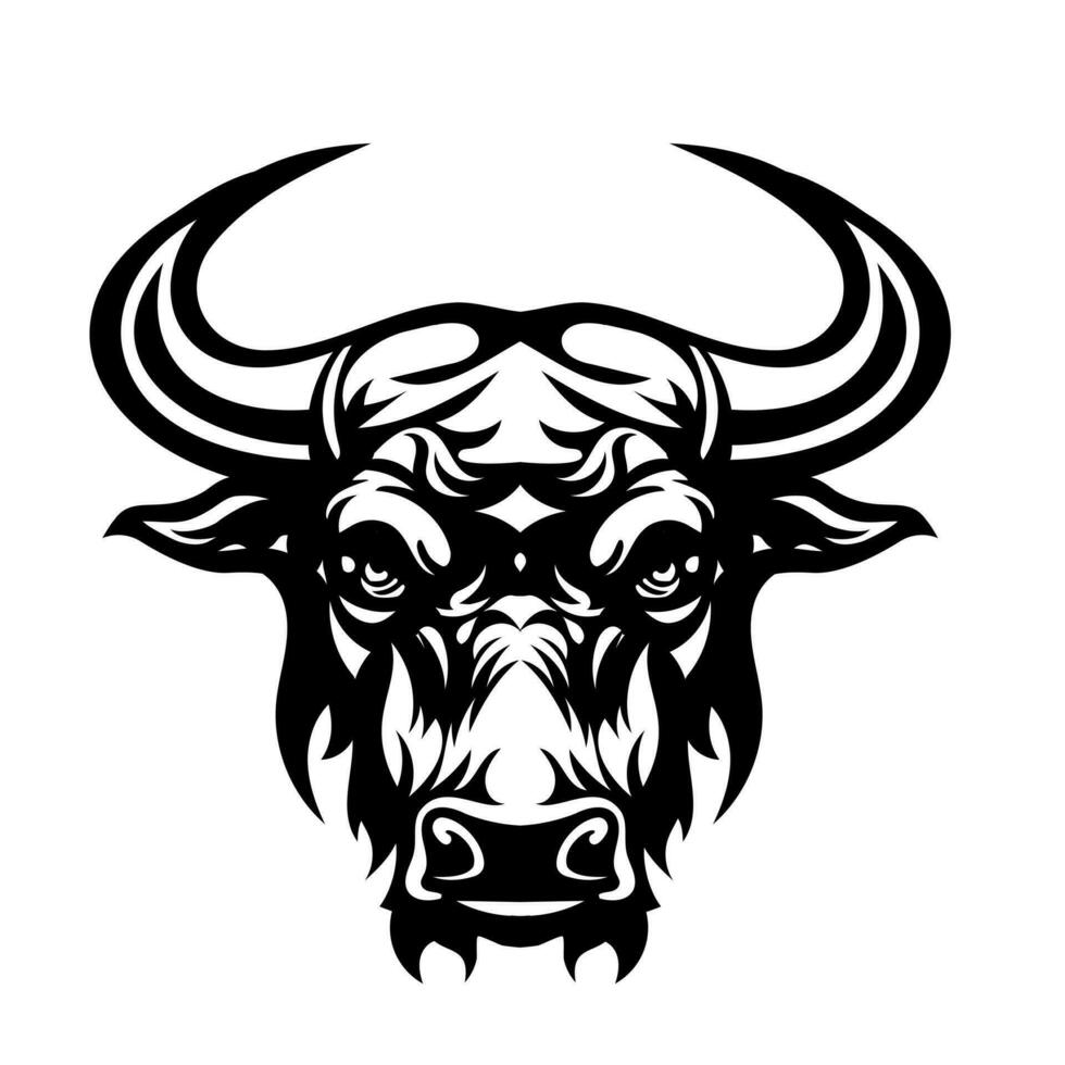 Angry head face mascot of bull design of aggressive buffalo portrait. black white line art vector illustration
