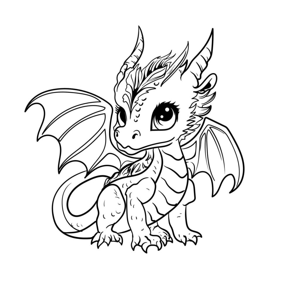 Hand drawing print education art character animal cute dragon outline black and white toy cartoon sketch happy coloring page and coloring books vector