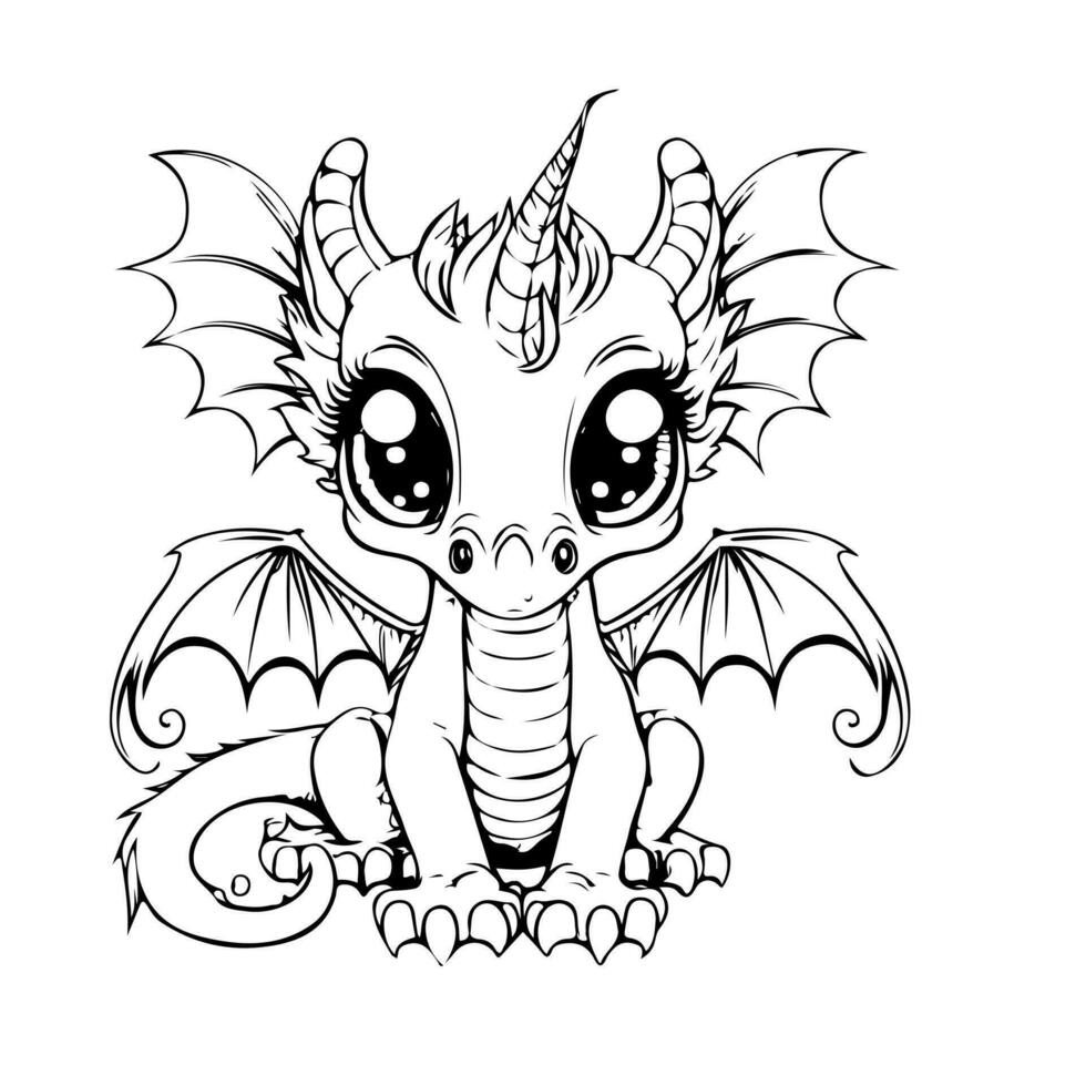 Hand drawing print education art character animal cute dragon outline black and white toy cartoon sketch happy coloring page and coloring books vector