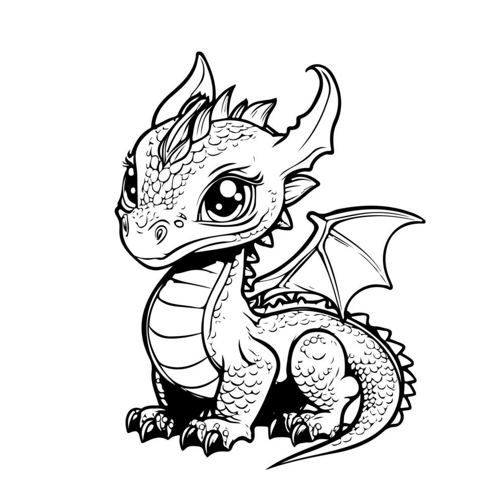 Hand drawing print education art character animal cute dragon outline black and white toy cartoon sketch happy coloring page and coloring books vector
