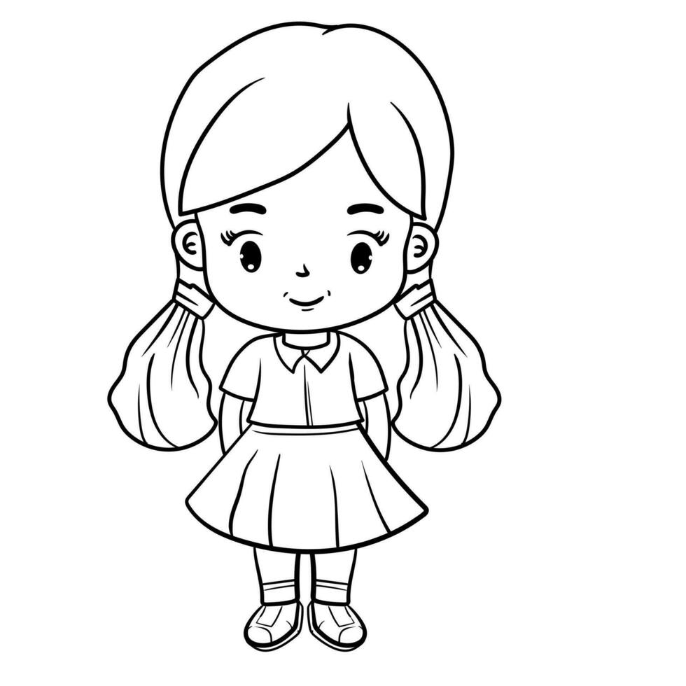 Happy kids girl children vector cartoon coloring books Black and White Outline isolated background