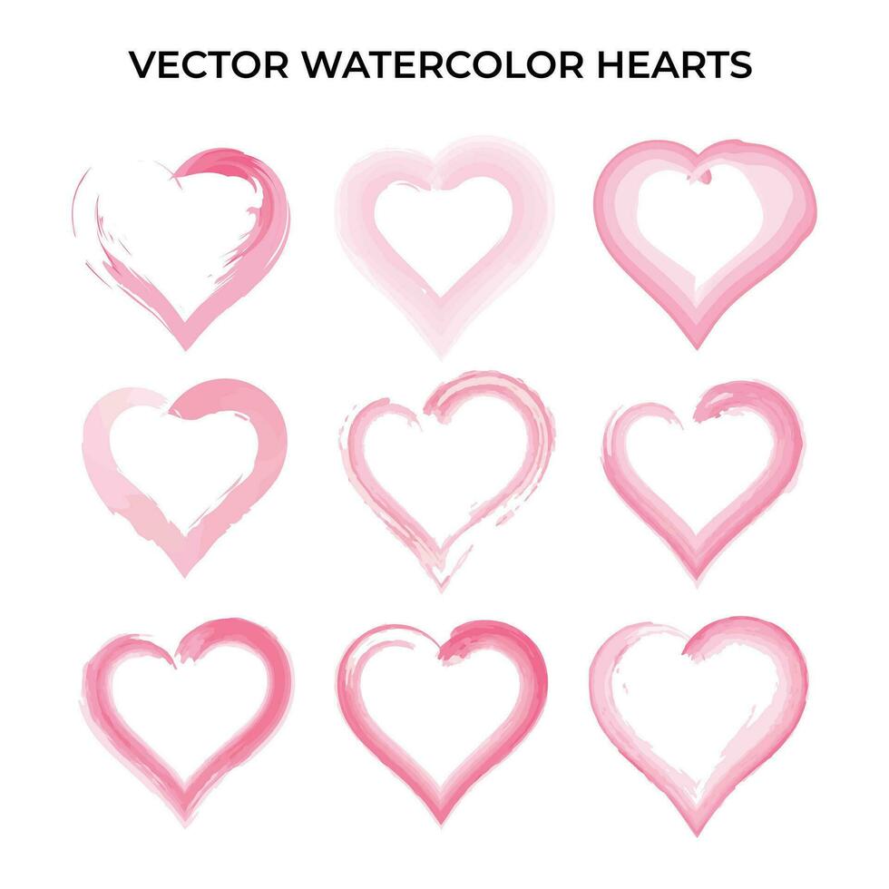 Grunge Heart Shapes Set Red Color Vector. Brush Stroke Style vector