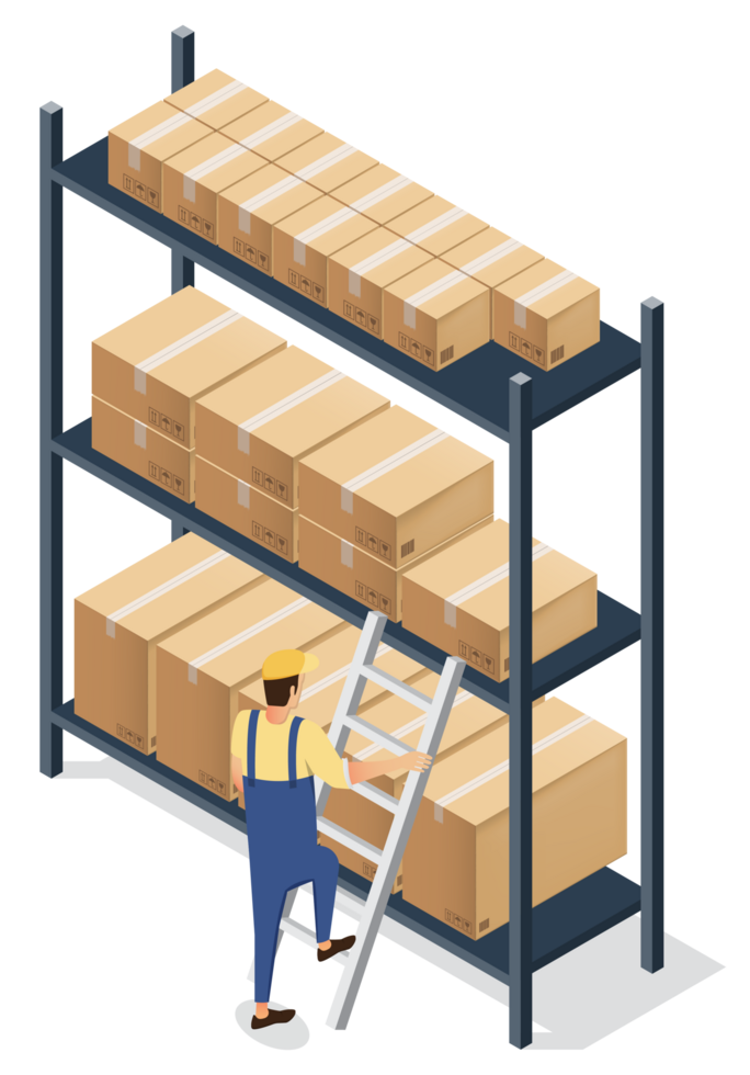 Work in warehouse scene with employees Shelves with packages Goods png