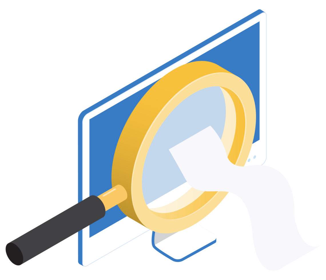 Isometric magnifying glass on computer png