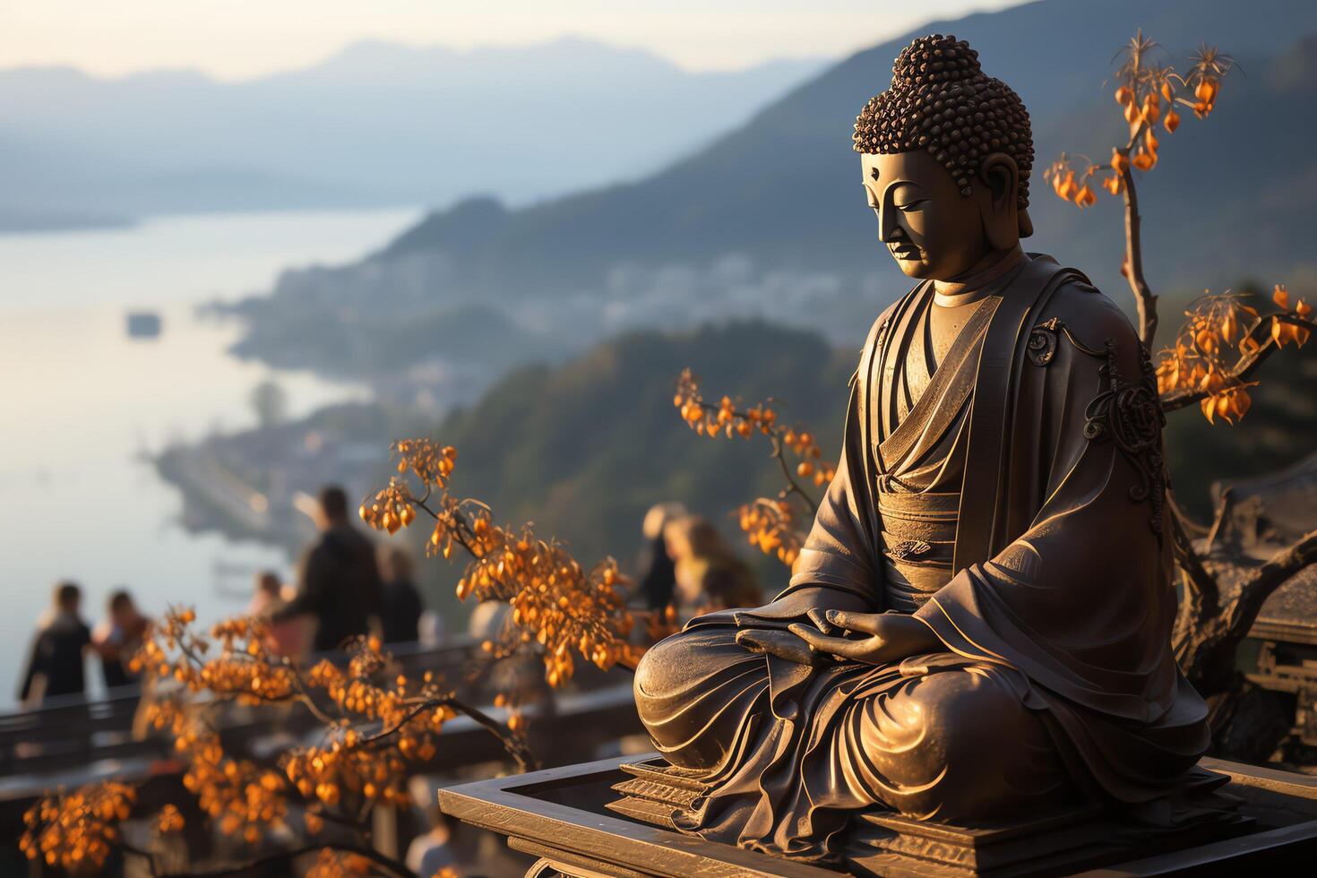 un Buda se sienta en el montaña con un loto y velas antecedentes para vesak celebracion. vesak día concepto. vesak celebracion día saludos concepto por ai generado foto