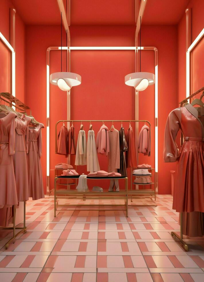 Women's fashion store in the shopping center or mall. Clothes store with mannequin. Shopping day concept by AI Generated photo
