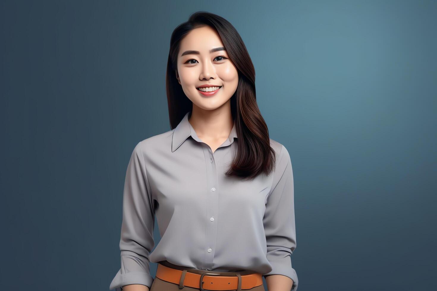 Beautiful asian woman in casual with smile cheerful. Studio shot asian woman standing hand gesture concept by photo
