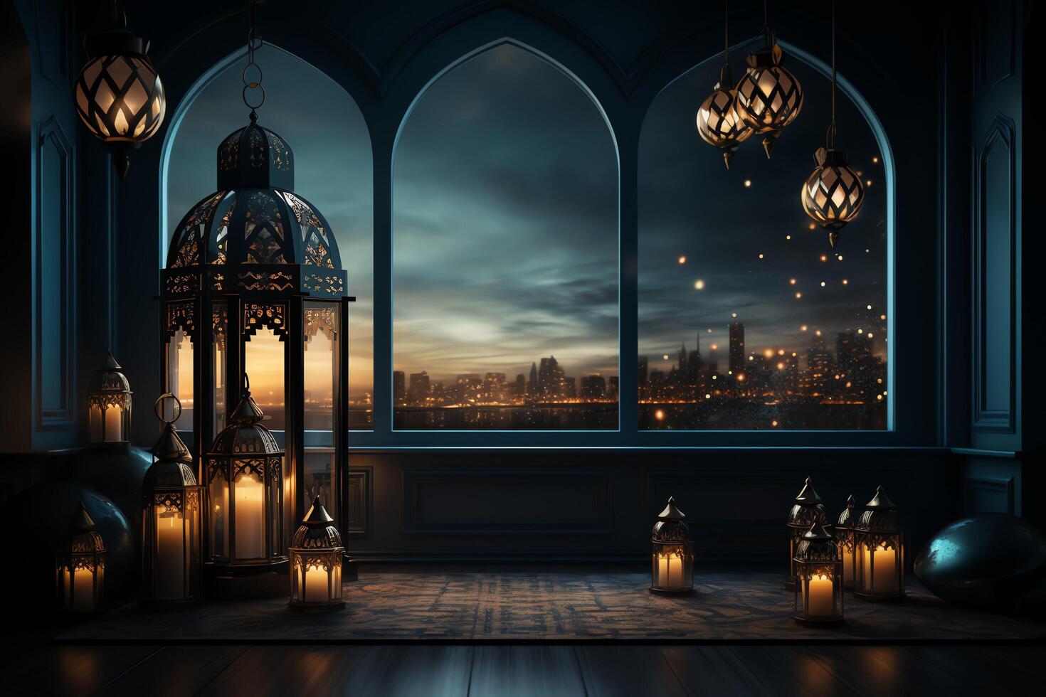 Eid mubarak and ramadan kareem greetings with islamic lantern and mosque. Eid al fitr background. Eid al fitr background of window concept by photo