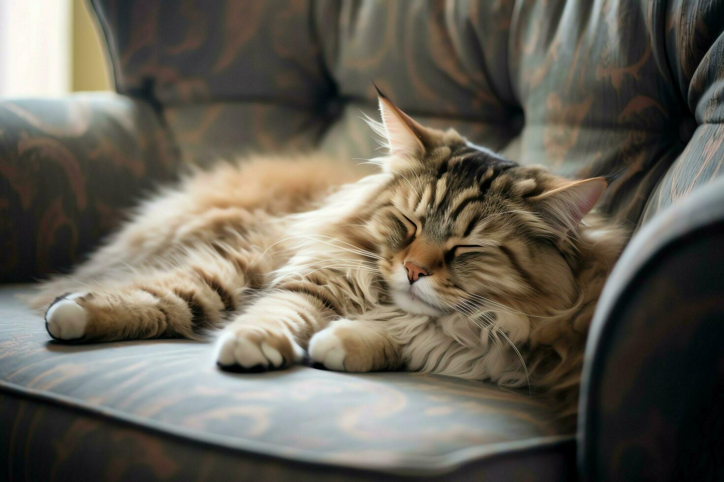 linda gato dormido o descansando en el sofá a hogar. perezoso gato dormido en el sofá. gato día concepto por ai generado foto