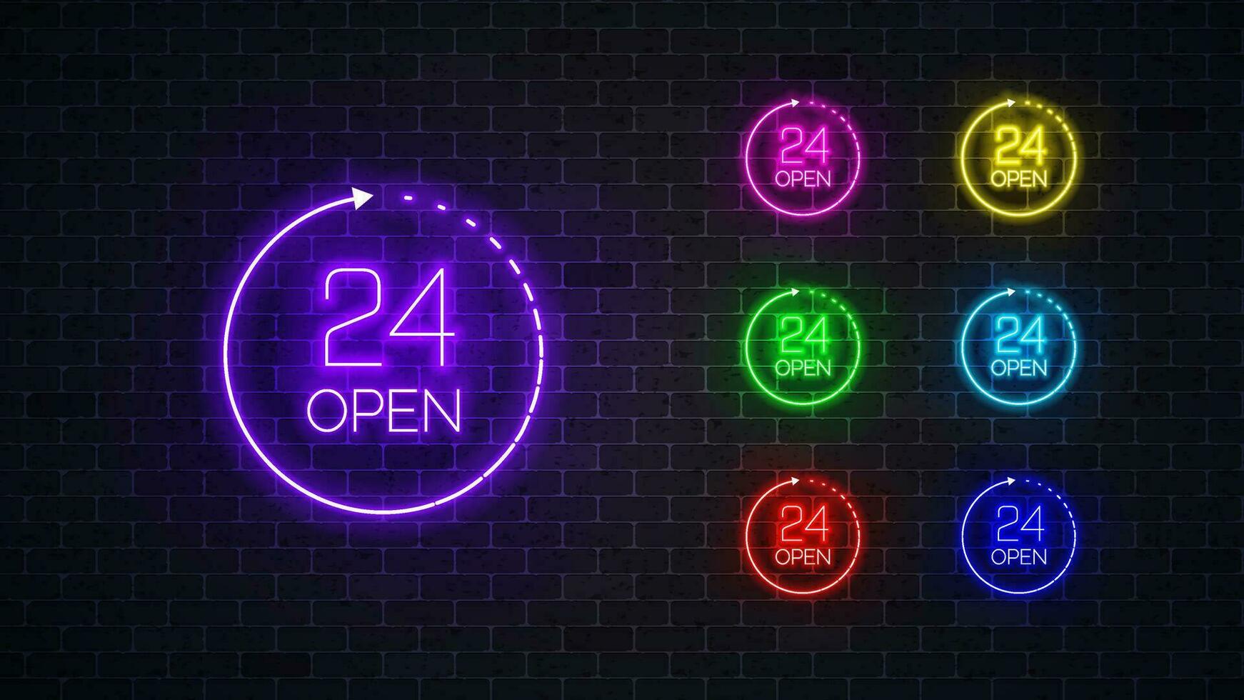 Neon sign open 24 hours. Neon icon for stores , club, bar, cafe or other business. Vector illustration