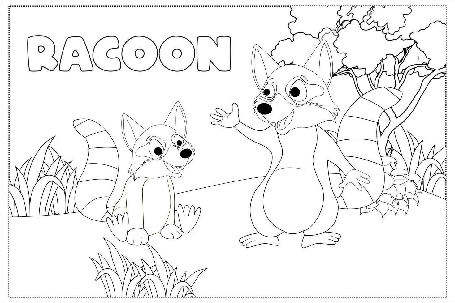 little cute raccoon in the forest coloring pages. Hand-drawn vector image.