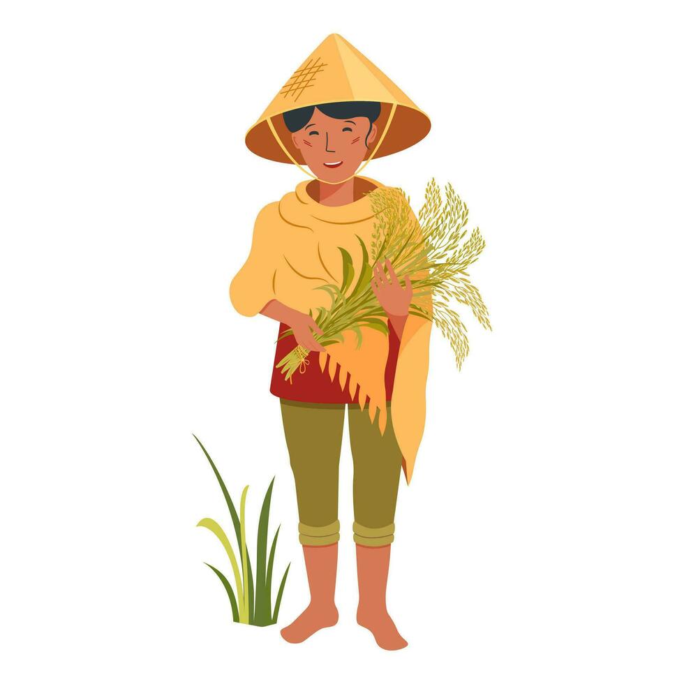 Asian farmer growing rice. Vietnamese woman in a hat with bunch of ears. Agricultural worker. vector