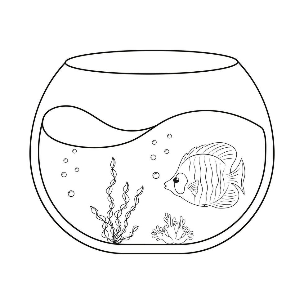 Aquarium with fish coloring book. Children s contour drawing of an aquatic pet. Sketch of a round aquarium black lines. vector