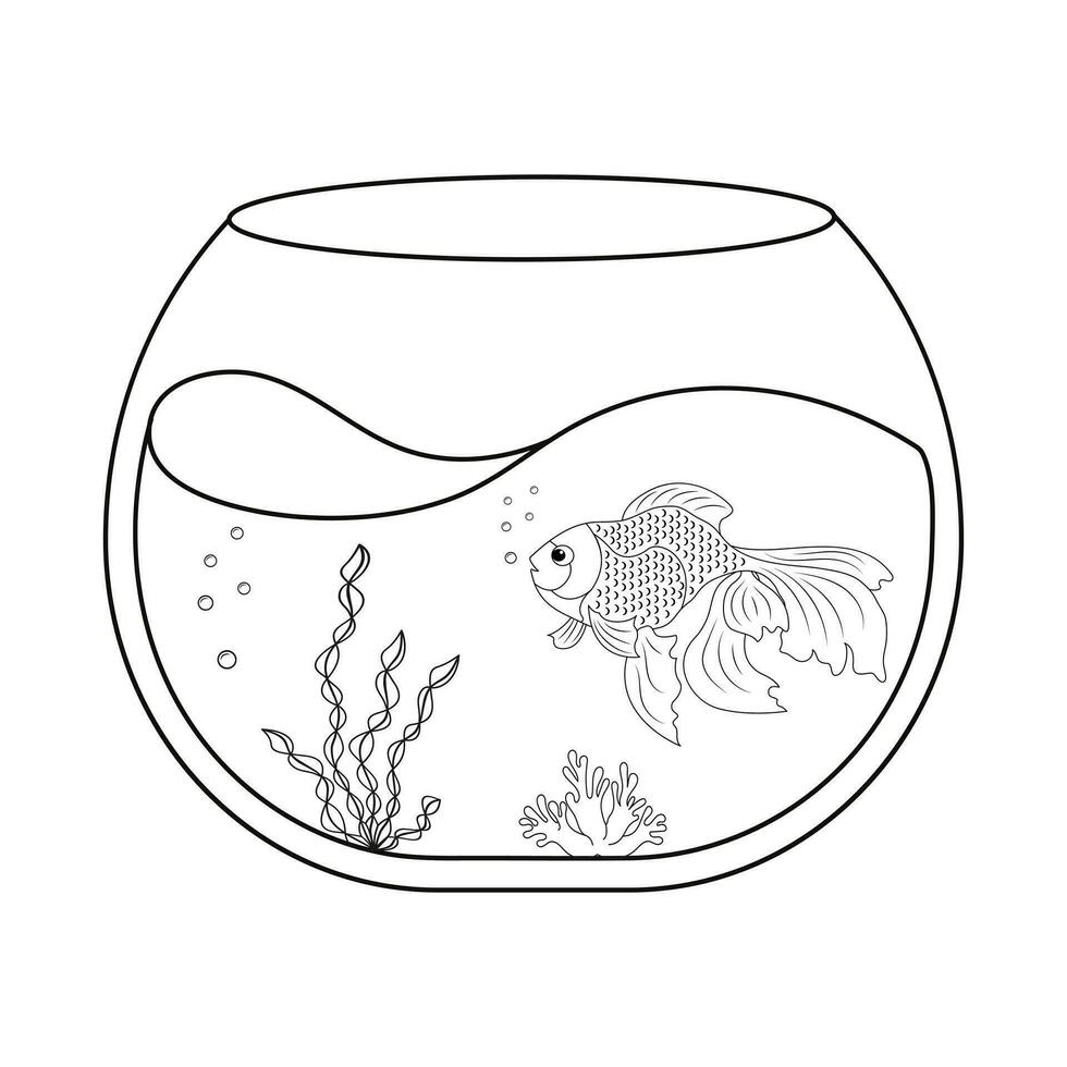 Fish in aquarium. Veiltail coloring page in bowl. Simple illustration of an aquatic pet vector