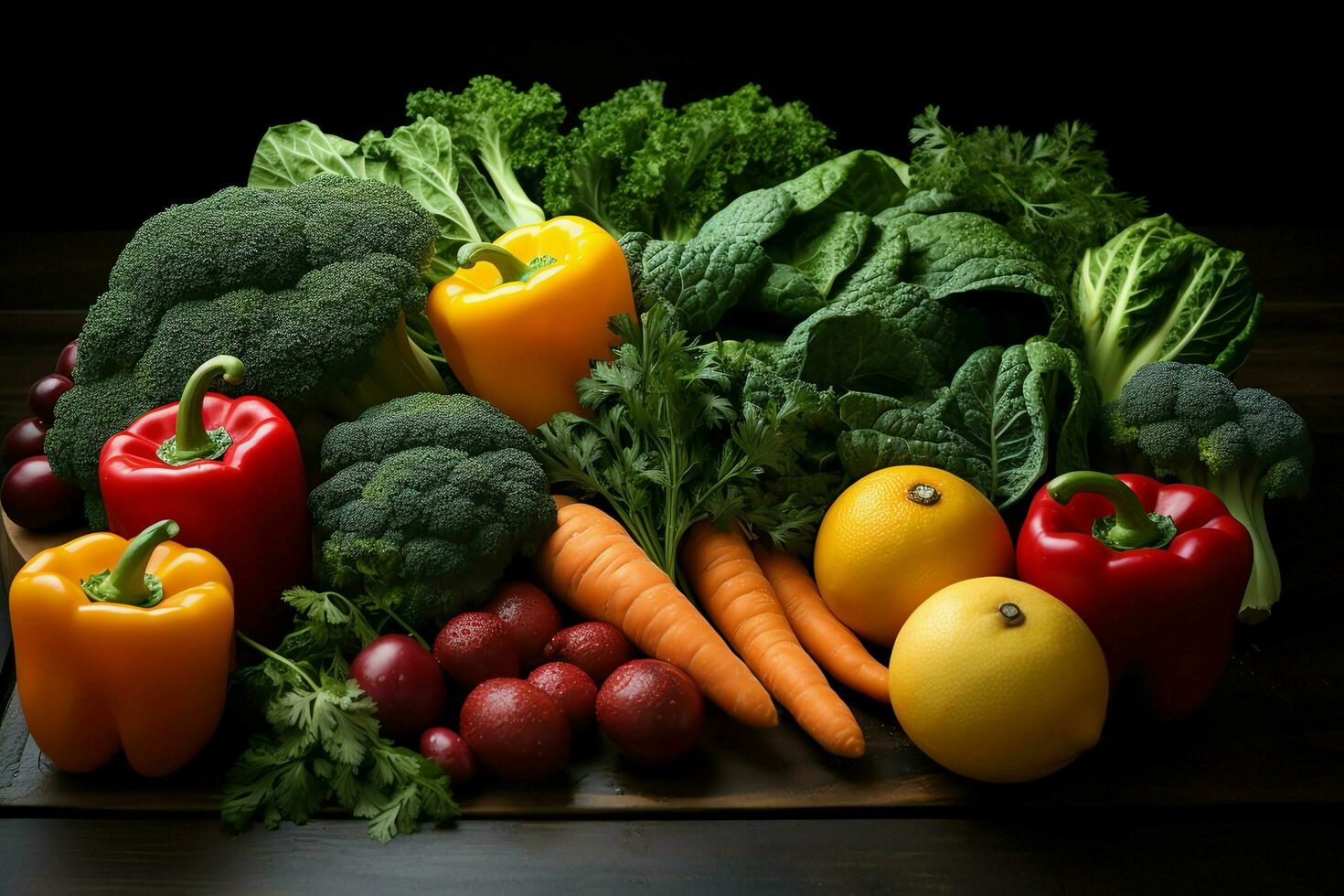 colección mezcla Fresco vegetales y frutas para un ensalada. sano dieta concepto y vegetales comida por ai generado foto