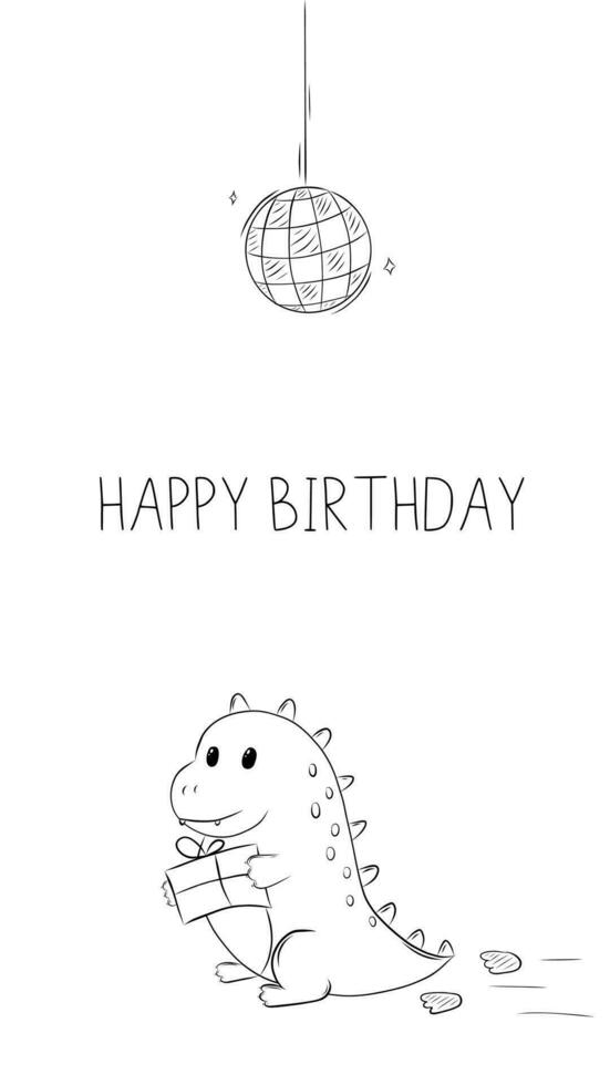 Birthday Card Coloring Book Cute Baby Dragon with a Gift Simple Vector Illustration