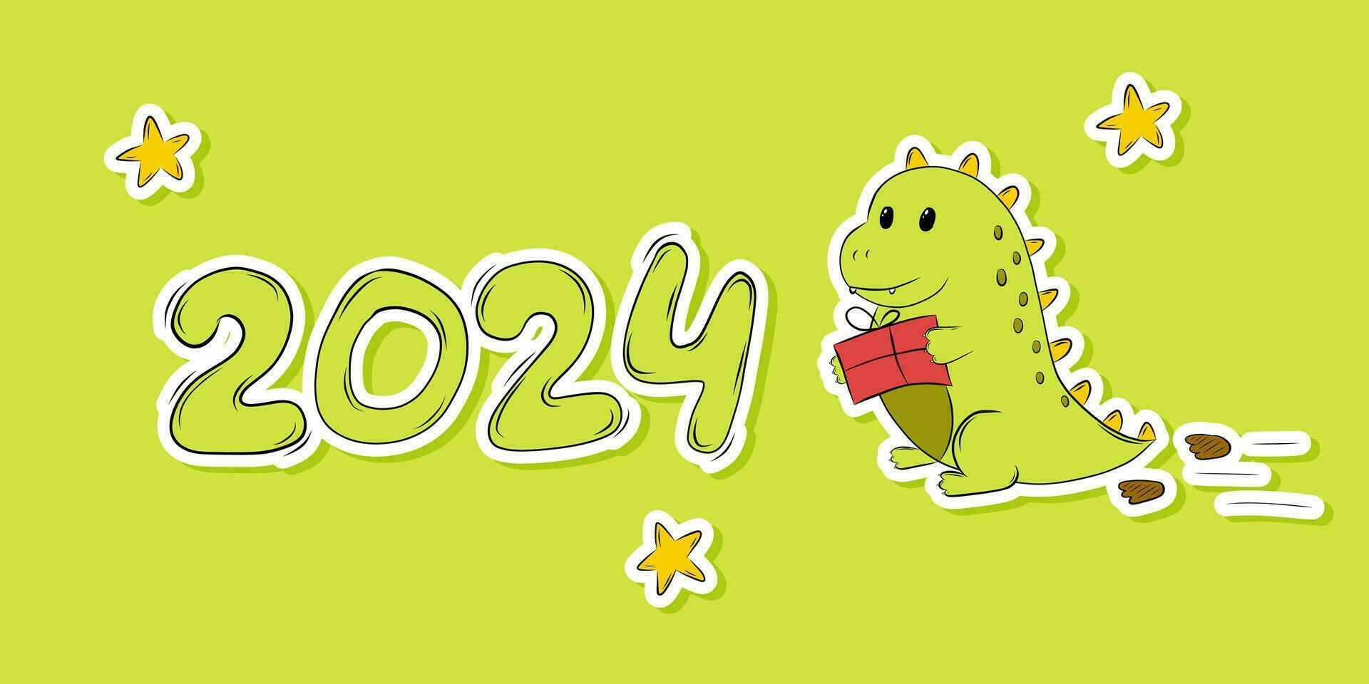 Festive Background New Year Symbol Sticker Cute Green Baby Dragon Carries a Gift vector