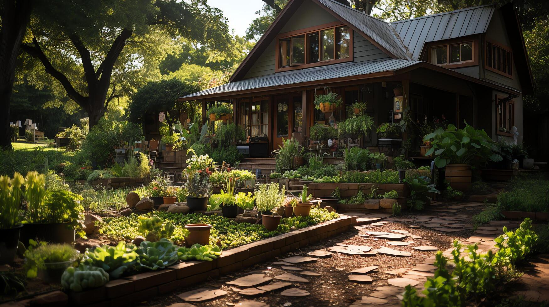 Wooden house in village with plants and flowers in backyard garden. Garden and flower on rural house concept by photo