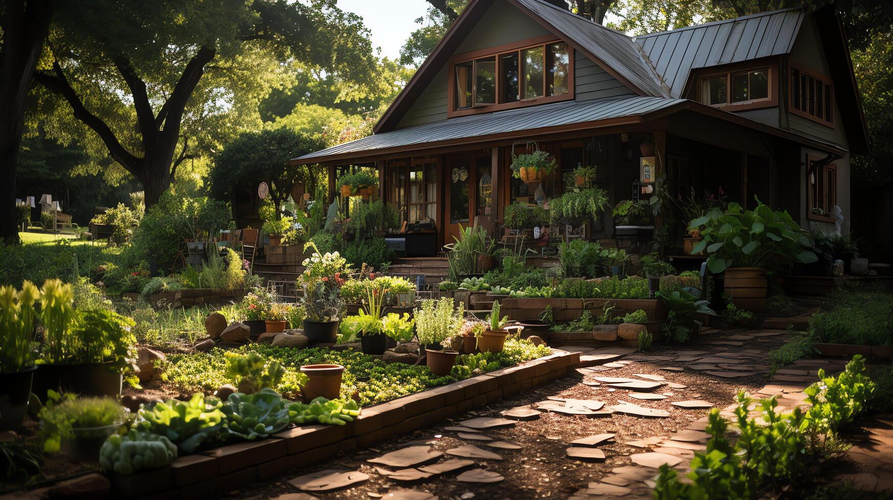 Wooden house in village with plants and flowers in backyard garden. Garden and flower on rural house concept by AI Generated photo