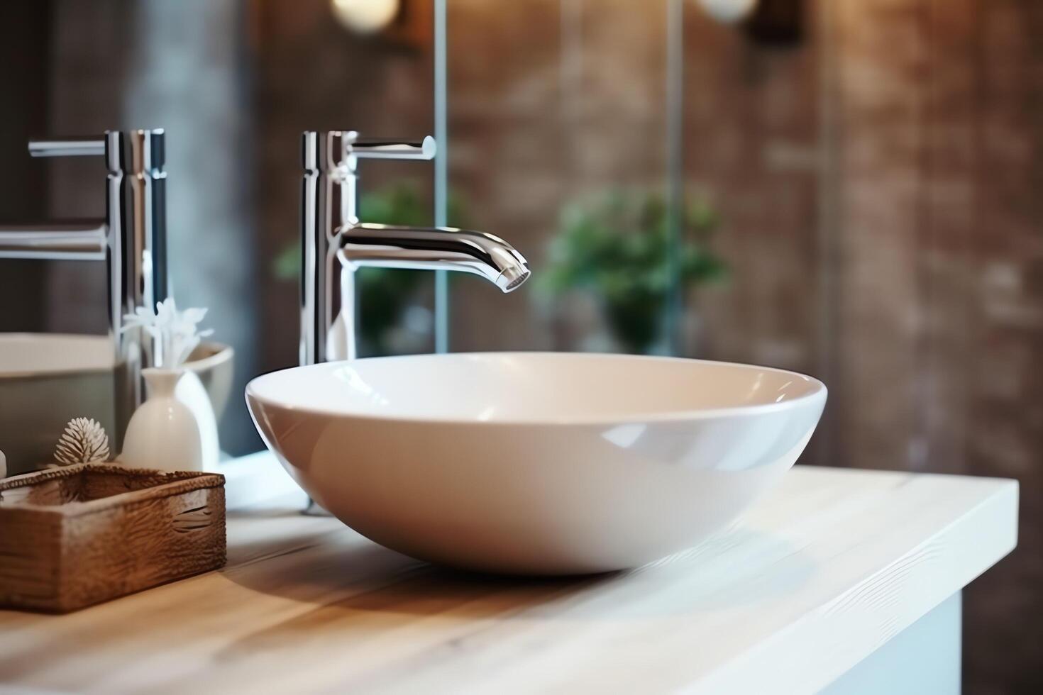 Modern public bathroom with row of white ceramic wash sink basins and faucet with mirror in restroom concept by photo