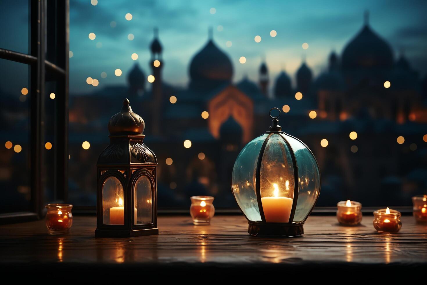 Eid mubarak and ramadan kareem greetings with islamic lantern and mosque. Eid al fitr background. Eid al fitr background of window concept by photo