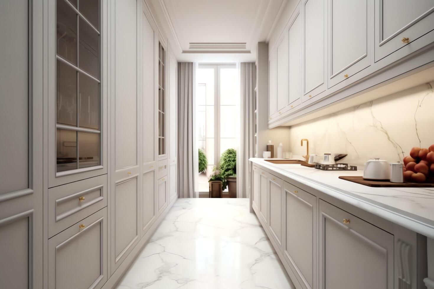 Modern kitchen interior design in apartment or house with furniture. Luxury kitchen home scandinavian concept by photo