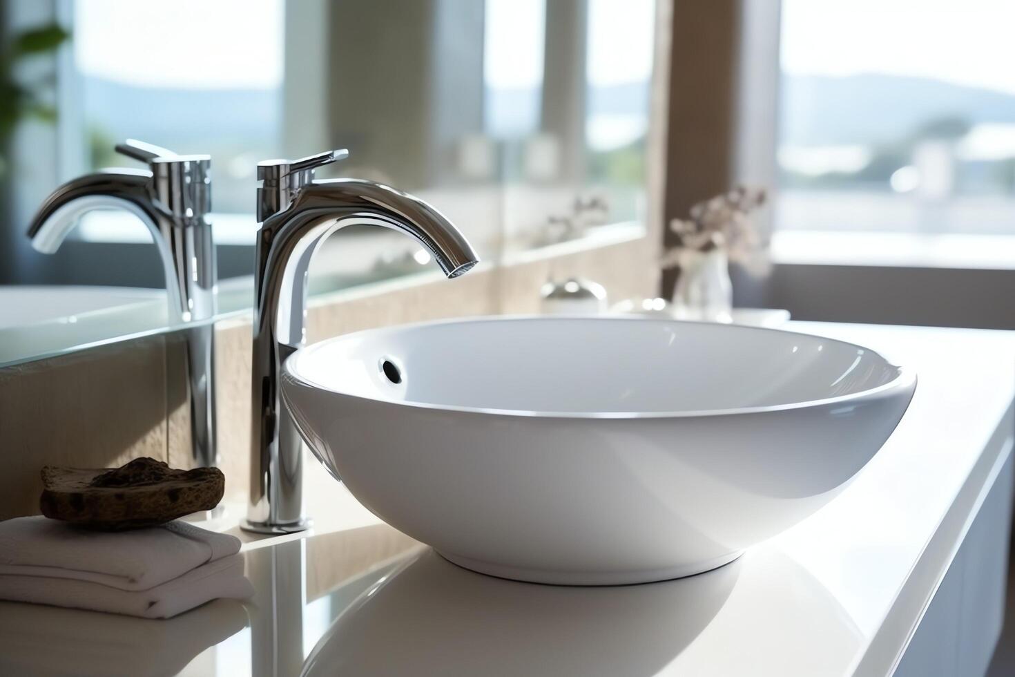 Modern public bathroom with row of white ceramic wash sink basins and faucet with mirror in restroom concept by photo