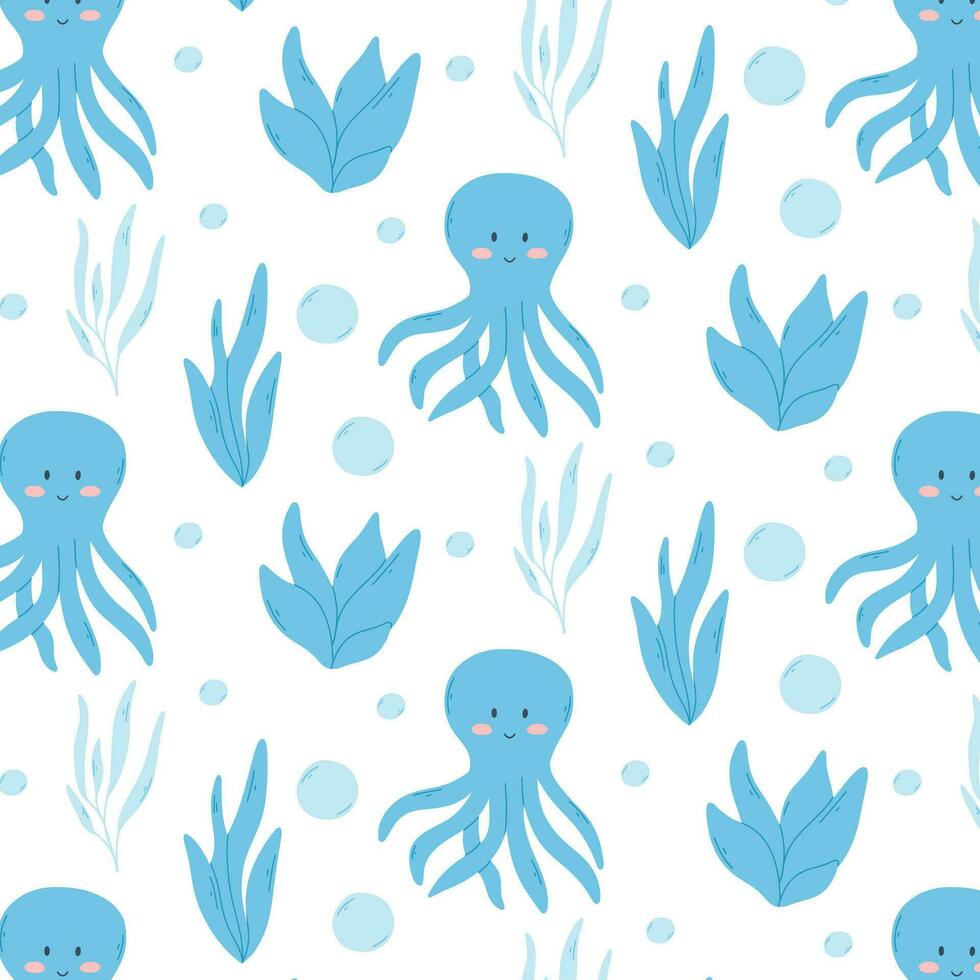 Childish seamless pattern with octopus. Analysis illustration in flat style. Kids marine print. Pattern with cute octopus and seaweed. Scandinavian style. vector