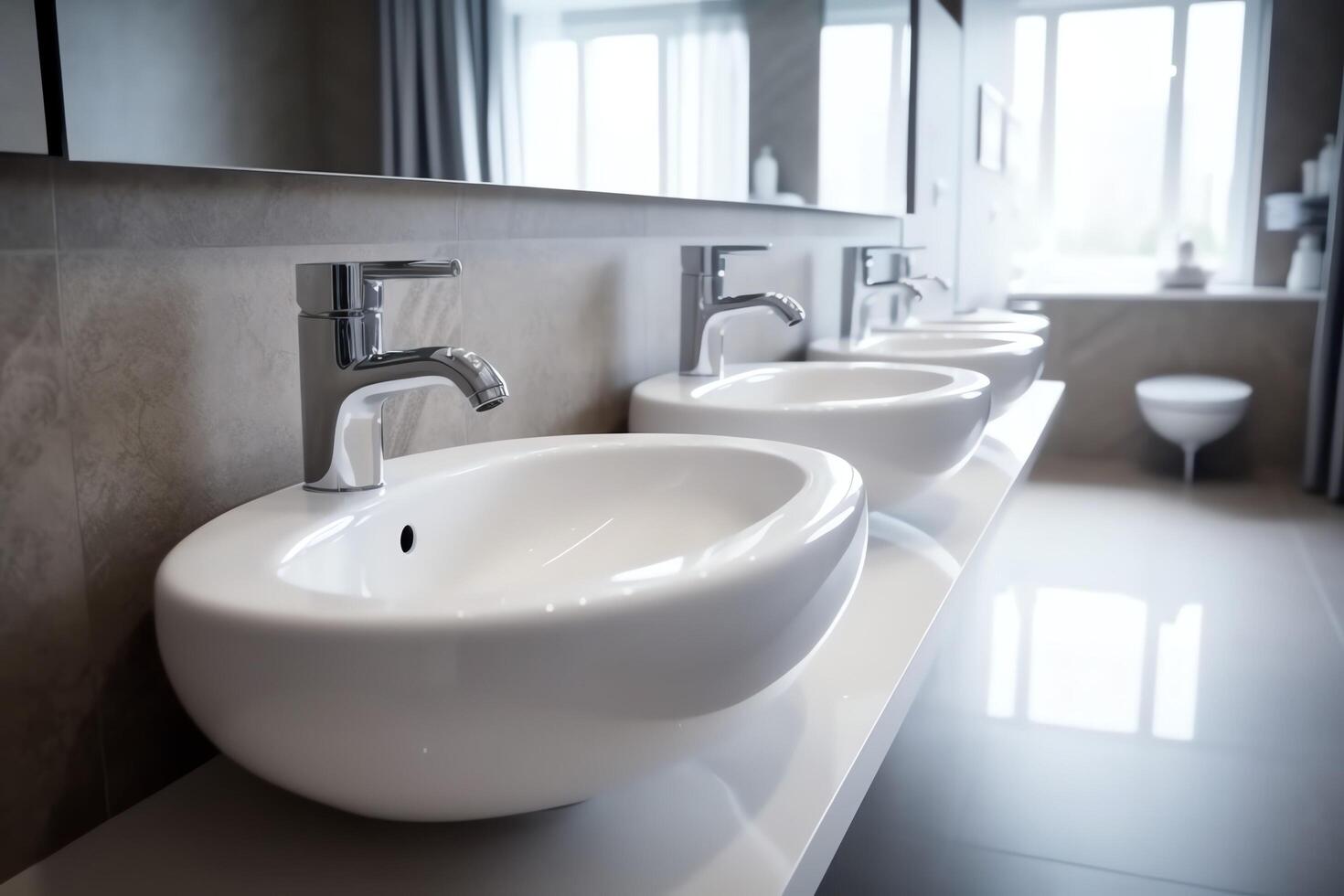 Modern public bathroom with row of white ceramic wash sink basins and faucet with mirror in restroom concept by AI Generated photo