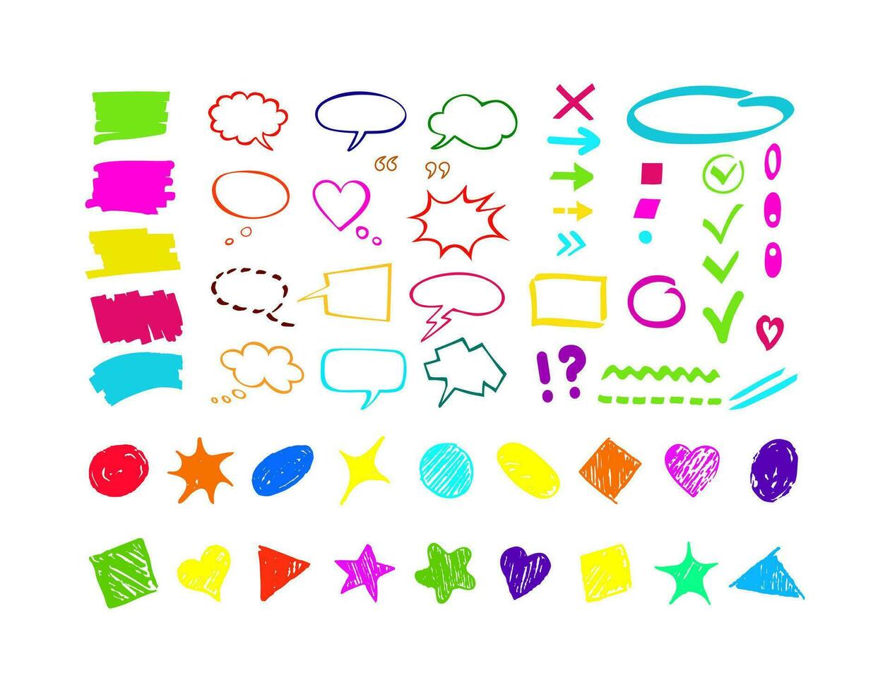 Hand drawn marker shapes, figures, speech bubbles vector