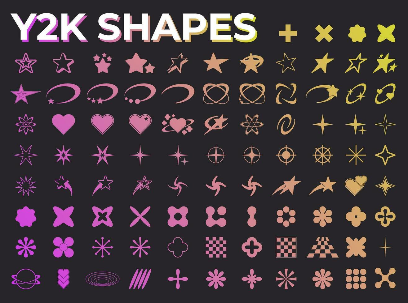 Set of Abstract geometric Y2k shapes trending retro futuristic design elements, infographic shapes. Modern trendy concept with symbols and objects. Retrofuturistic Vector illustration for UI and UX