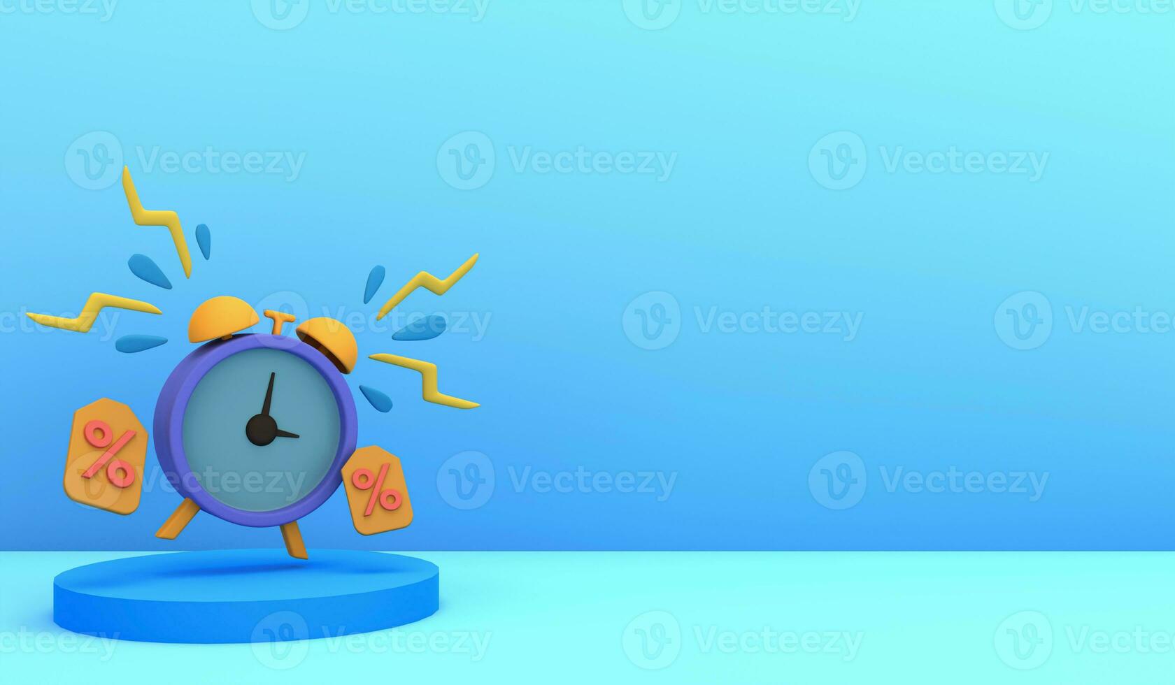 Empty blue color alarm discount on the yellow background, copy space alarm discount 3d render photo