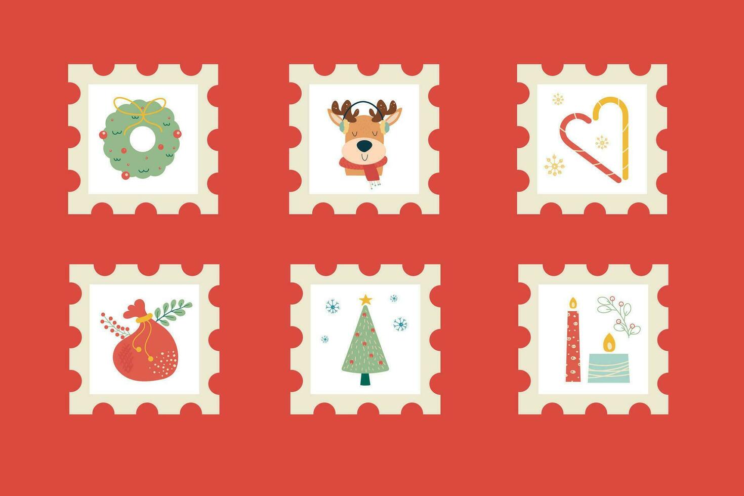 A collection hand drawn of Christmas stamps. Christmas decorations vector