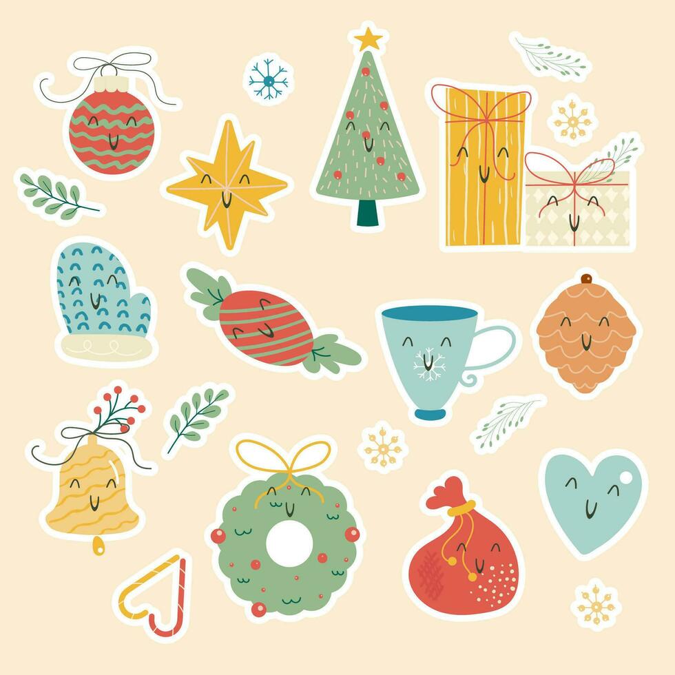 Hand drawn stickers kawaii christmas decoration, elements vector