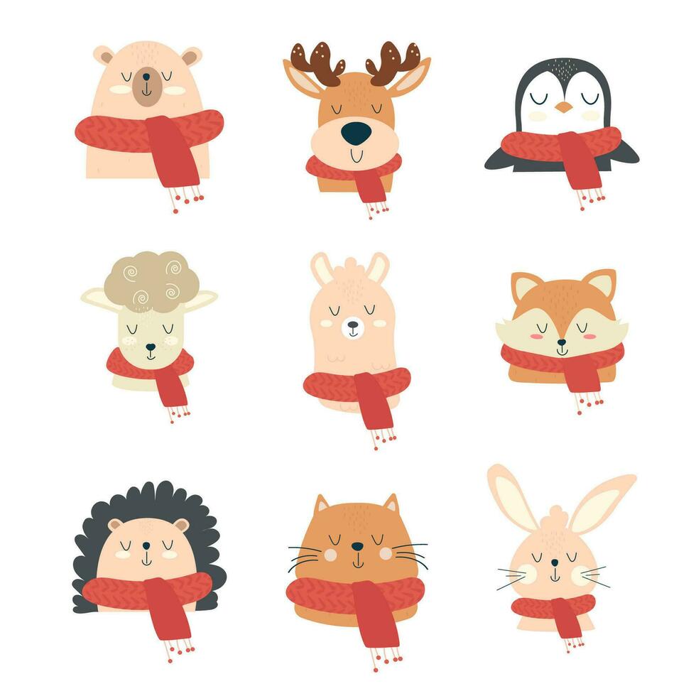Collection of hand drawn different animals in scarves. Winter, autumn, Christmas vector