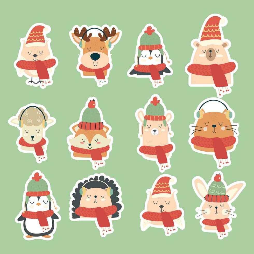 Collection stickers of hand drawn different animals in scarves, hat. Winter, autumn, Christmas vector