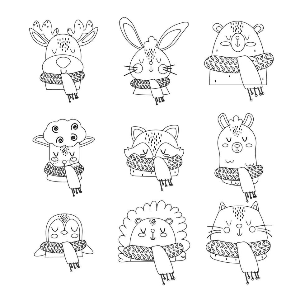 A set outline of Christmas boho animals in a scarf and a hat. Winter, autumn vector