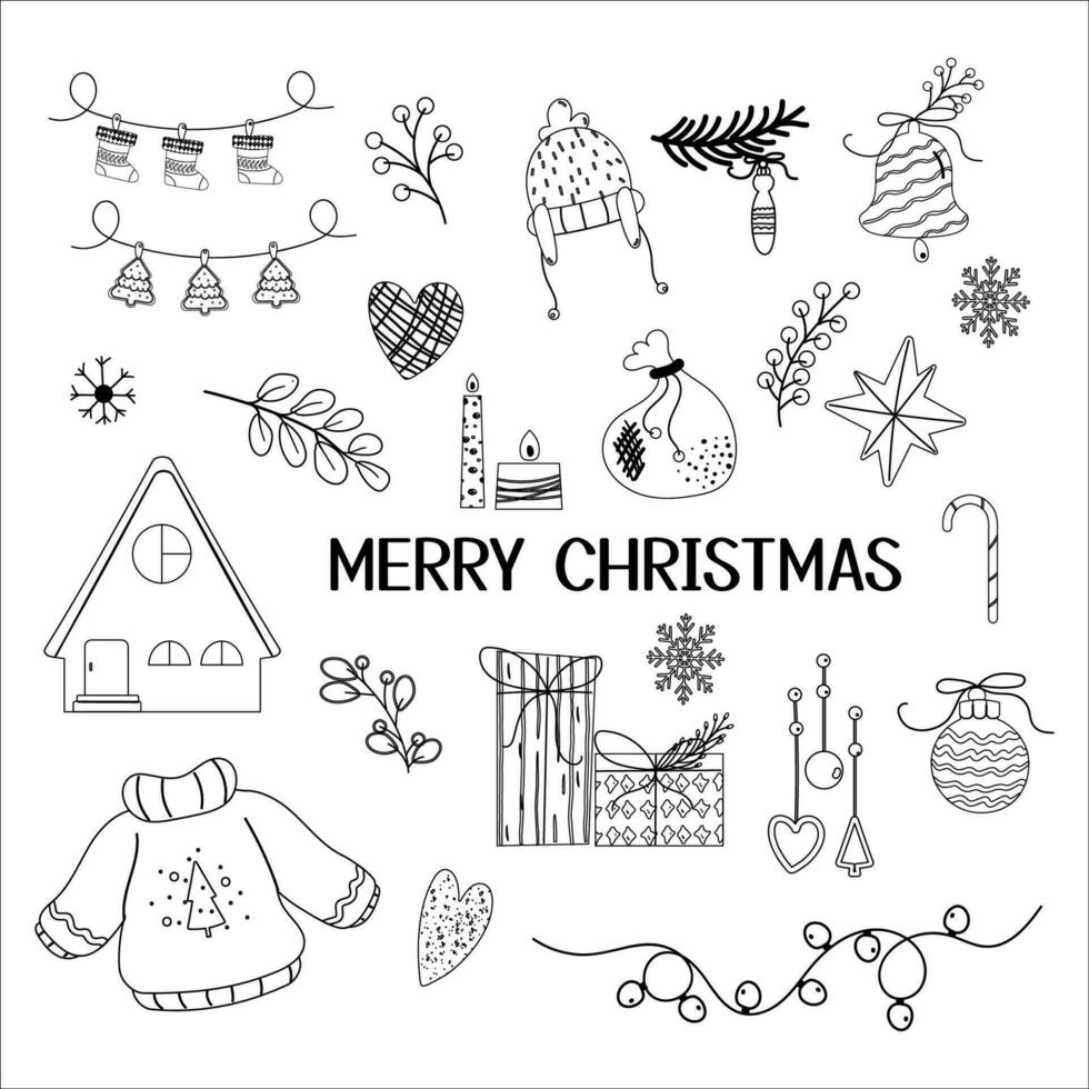 Hand drawn outline christmas decoration, elements vector