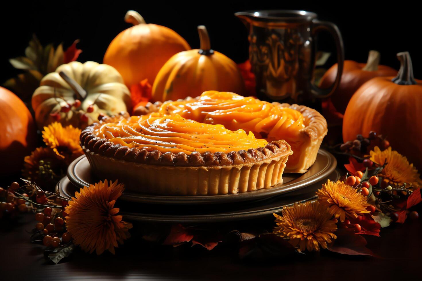 Thanksgiving day meal with pie, pumpkin, oranges, or roasted chicken in oven form. Thanksgiving food concept by photo